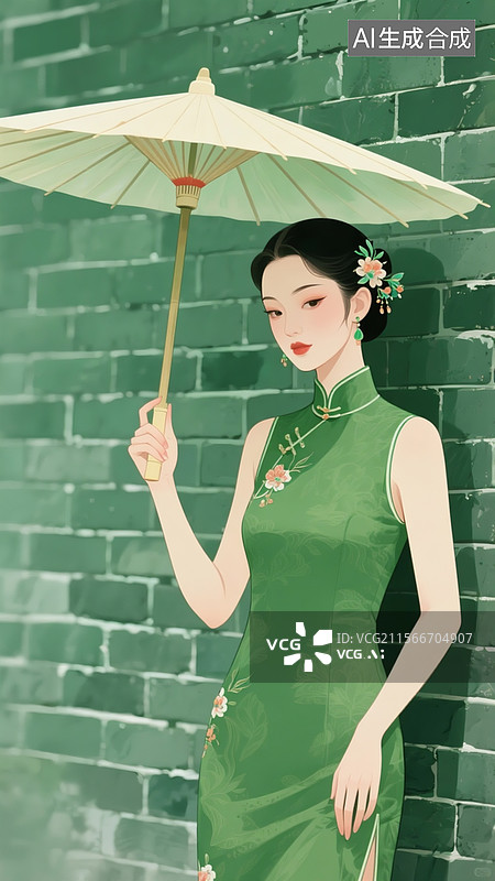 【AI数字艺术】插画风格国潮女子穿复古绿无袖旗袍，柳叶眉丹凤眼点缀花钿妆，手持油纸伞伫立青砖墙前图片素材