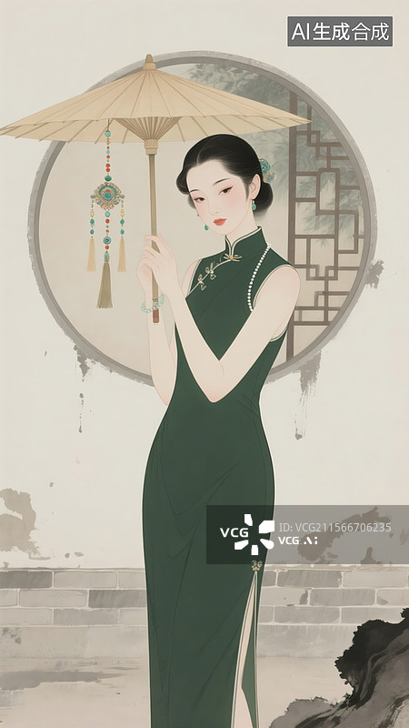 【AI数字艺术】国潮风格插画，丹凤眼女子穿无袖墨绿旗袍，油纸伞尖悬挂流苏璎珞，背景简约庭院月洞门图片素材