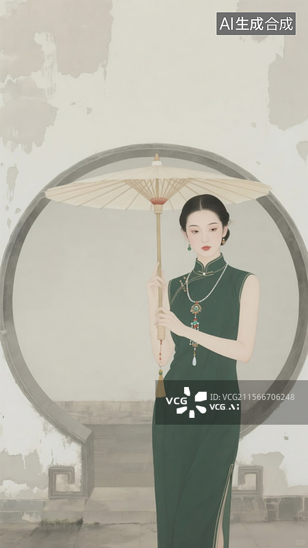 【AI数字艺术】国潮风格插画，丹凤眼女子穿无袖墨绿旗袍，油纸伞尖悬挂流苏璎珞，背景简约庭院月洞门图片素材