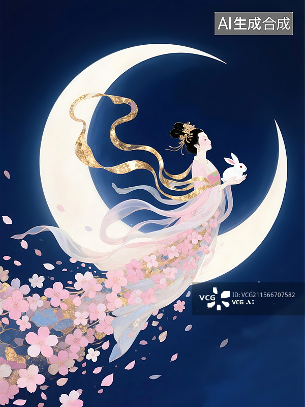 【AI数字艺术】嫦娥怀抱玉兔，周围环绕着飘落的花瓣图片素材