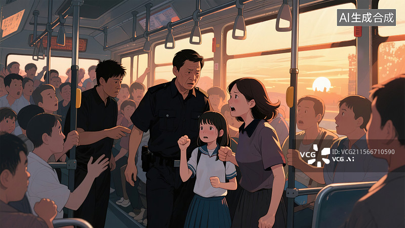 【AI数字艺术】预防性骚扰小婷的呼救 社会事实热点事件女学生放学公交车上勇敢寻求帮助 热心市民积极维护 窗外落日夕阳图片素材