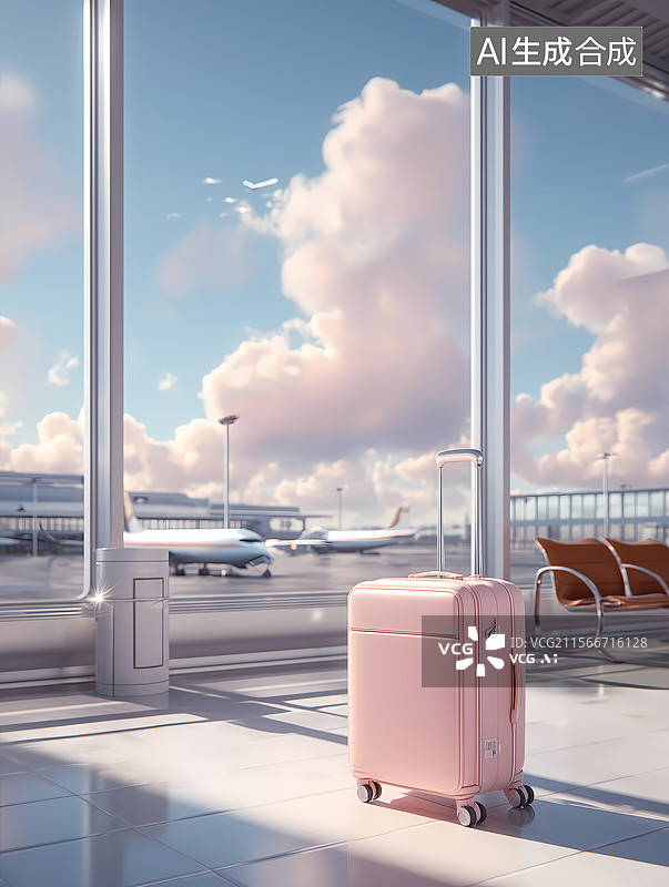 【AI数字艺术】3D卡通机场航站楼里的旅行箱图片素材