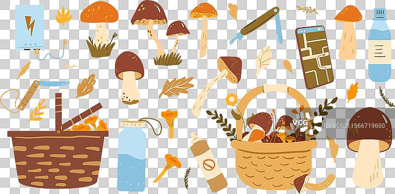 秋季森林采蘑菇活动的套装图片素材