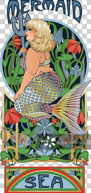 艺术新潮风格的海洋美人鱼，手持三叉戟，尺寸为XXL图片素材