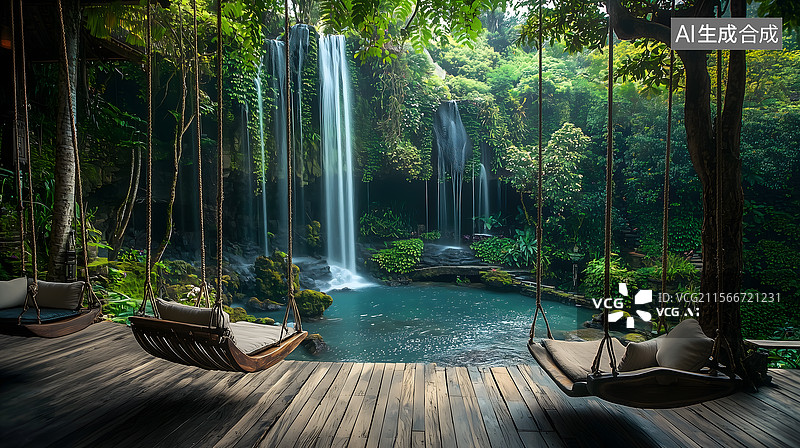 【AI数字艺术】幽林瀑畔逸居自然休憩之所图片素材