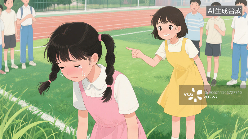 【AI数字艺术】遇到排挤要勇敢被排挤的铮铮 学校午后操场女同学被小团体其他人孤立霸凌 现代中小学生面临的社会热点问题图片素材