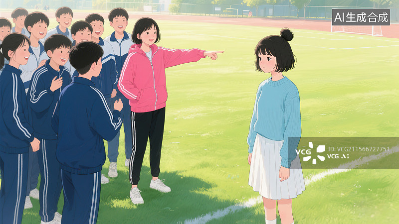 【AI数字艺术】遇到排挤要勇敢被排挤的铮铮 学校午后操场女同学被小团体其他人孤立霸凌 现代中小学生面临的社会热点问题图片素材
