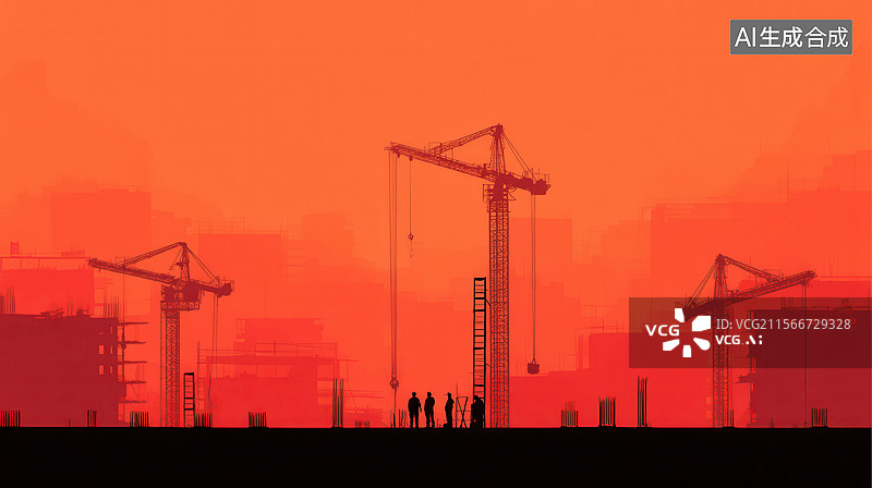 【AI数字艺术】建筑工地塔吊与工人剪影图片素材