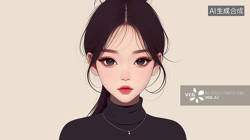 【AI数字艺术】黑发女孩穿着黑色高领毛衣图片素材