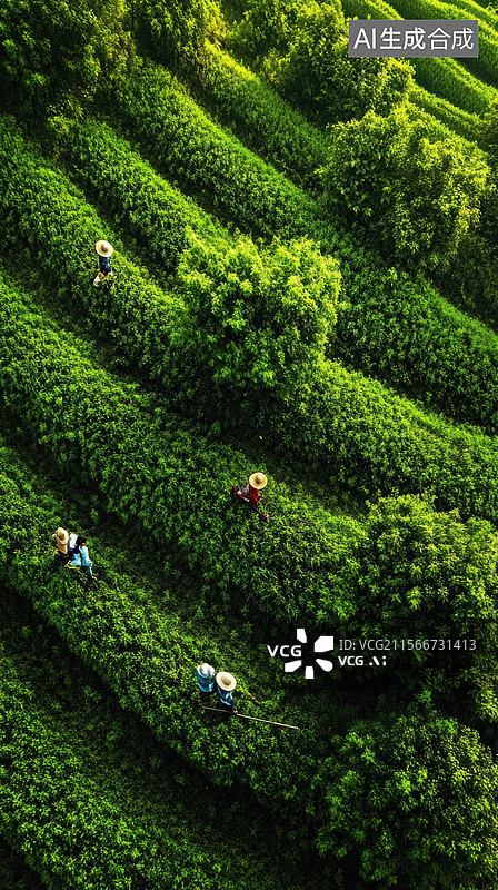 【AI数字艺术】茶园梯田上的采茶工人图片素材