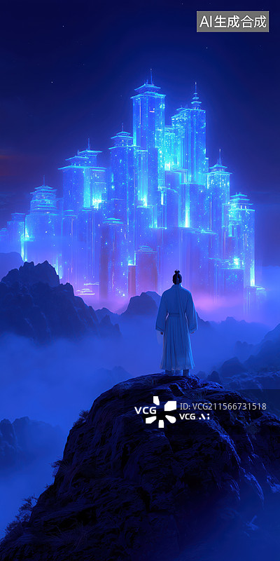 【AI数字艺术】夜晚游戏穿汉服的男人望着仙境的宫殿3D立体插画图片素材