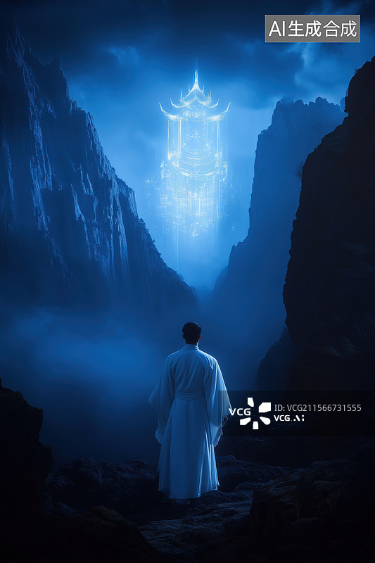【AI数字艺术】夜晚游戏穿汉服的男人望着仙境的宫殿3D立体插画图片素材
