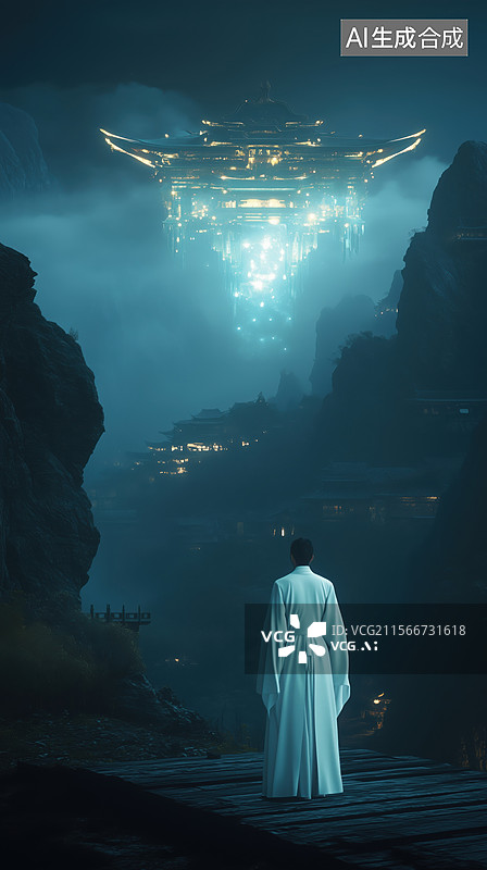 【AI数字艺术】夜晚游戏穿汉服的男人望着仙境的宫殿3D立体插画图片素材