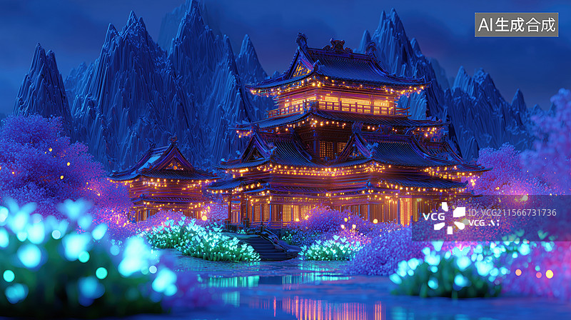 【AI数字艺术】游戏仙境国风山顶的的发光楼阁莲花池3D插画图片素材