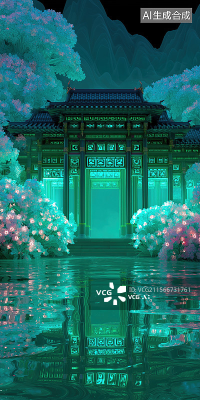 【AI数字艺术】游戏仙境国风山顶的的发光楼阁莲花池3D插画图片素材