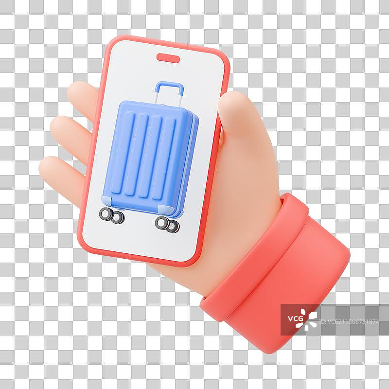 3D渲染卡通手拿手机与行李箱免抠元素图片素材