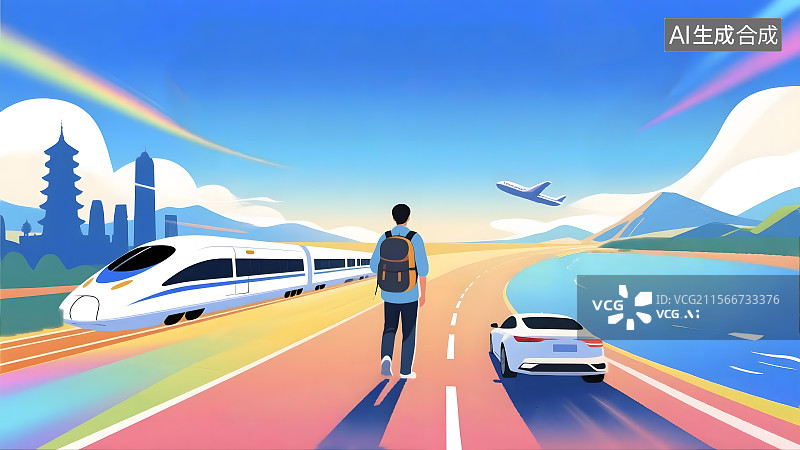 【AI数字艺术】国庆五一一个人出行旅游大场景交通工具横版扁平插画图片素材