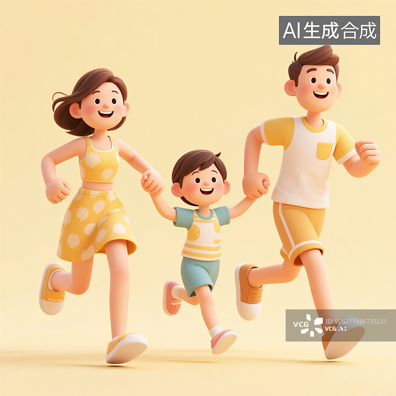 【AI数字艺术】【AI数字艺术】一家三口开心奔跑3D风格图片素材