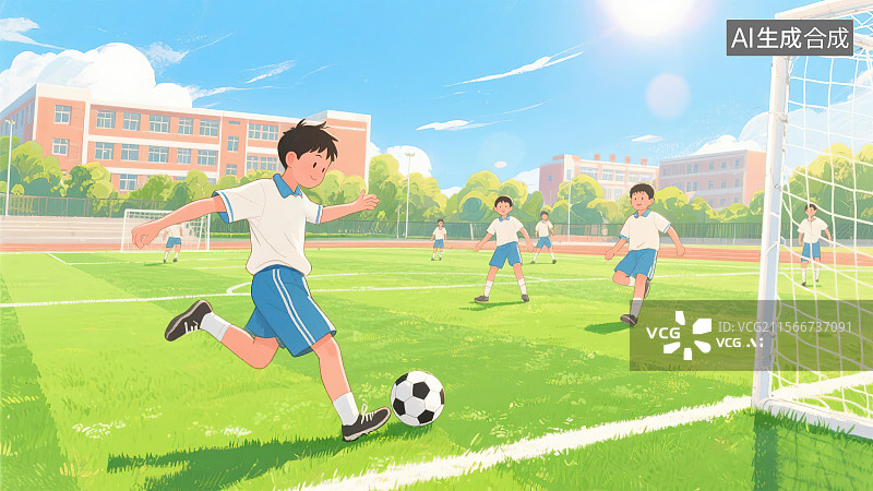 【AI数字艺术】胜利的喜悦 学校足球场决赛阳光明媚的上午绿色草地 男生学生正在踢球带球将球传给队友 背景有教学楼树林图片素材