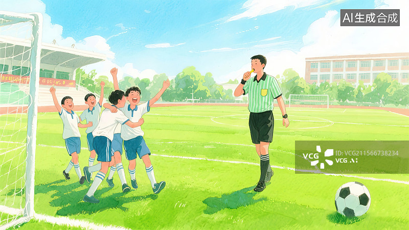 【AI数字艺术】胜利的喜悦 学校足球场决赛阳光明媚的上午绿色草地 终场裁判吹响哨声学生和队友欢呼雀跃互相拥抱图片素材