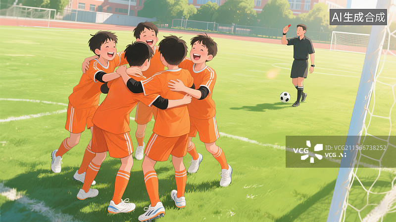 【AI数字艺术】胜利的喜悦 学校足球场决赛阳光明媚的上午绿色草地 终场裁判吹响哨声学生和队友欢呼雀跃互相拥抱图片素材