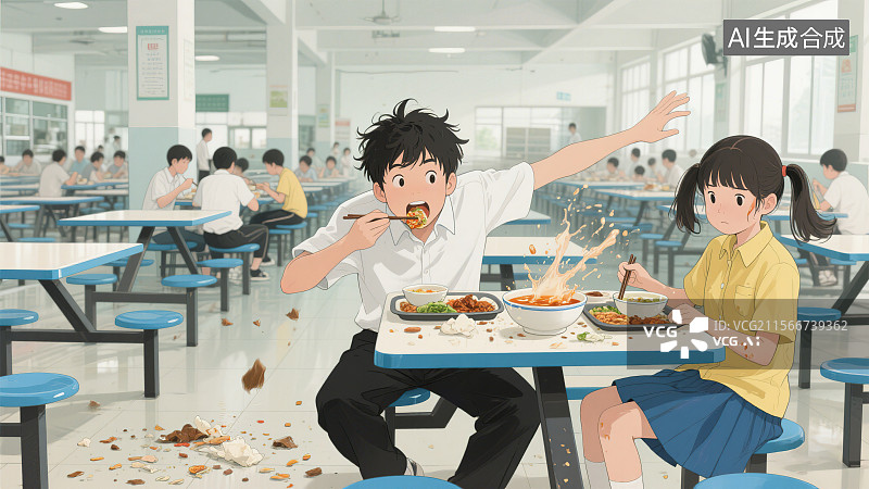 【AI数字艺术】安全教育食堂的风云人物午餐时间学生们正在吃饭一个男孩在餐桌前大口吃饭动作夸张食物残渣掉落打翻同学饭菜图片素材