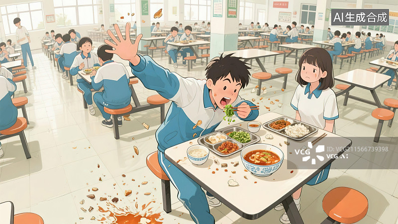 【AI数字艺术】安全教育食堂的风云人物午餐时间学生们正在吃饭一个男孩在餐桌前大口吃饭动作夸张食物残渣掉落打翻同学饭菜图片素材