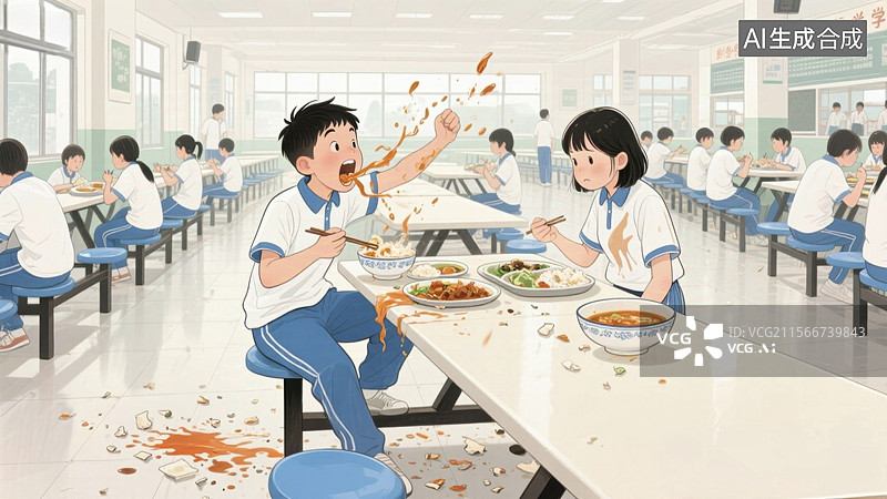 【AI数字艺术】学生在食堂吃饭的场景图片素材