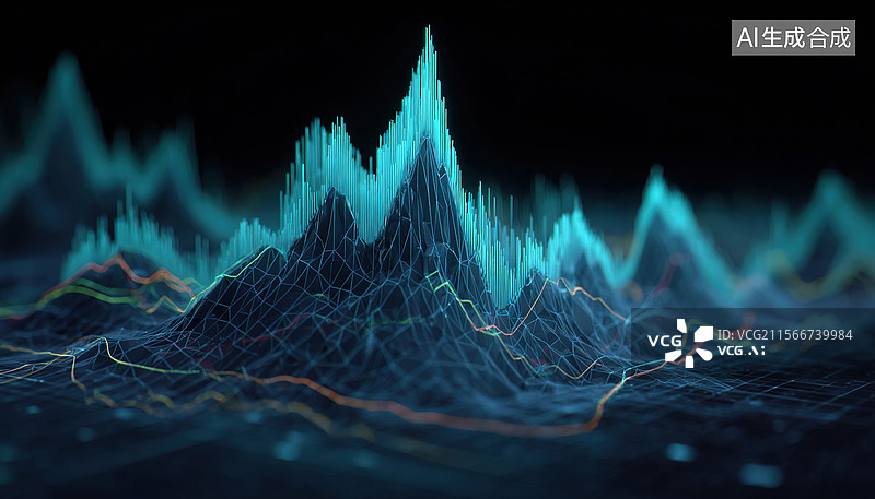【AI数字艺术】抽象3D发光峰: 未来6G网络概念与霓虹曲线蓝调攀登成功创新科技商业背景图片素材