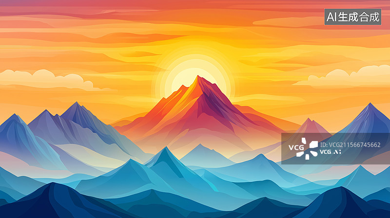 【AI数字艺术】扁平风格的山峰日出插画图片素材