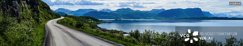 【AI数字艺术】户外自然风光背景前进公路汽车广告背景蜿蜒道路沿平静蓝水陡峭悬崖郁郁葱葱森林商业背景图片素材