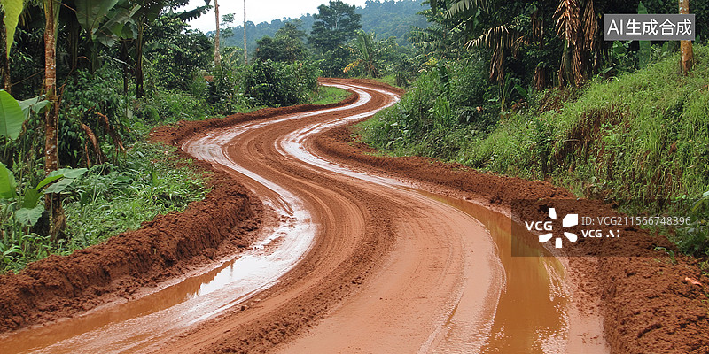 【AI数字艺术】茂密热带雨林中的泥泞小径森林中背景奇异植物垂挂藤蔓神秘原始冒险成功挑战图片素材