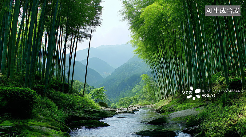 【AI数字艺术】竹林溪流景观图片素材