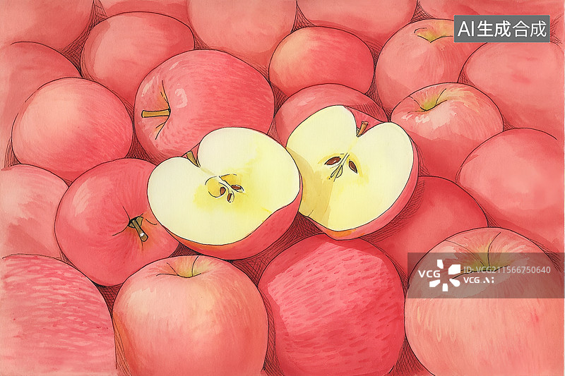 【AI数字艺术】红苹果堆中的一半苹果图片素材