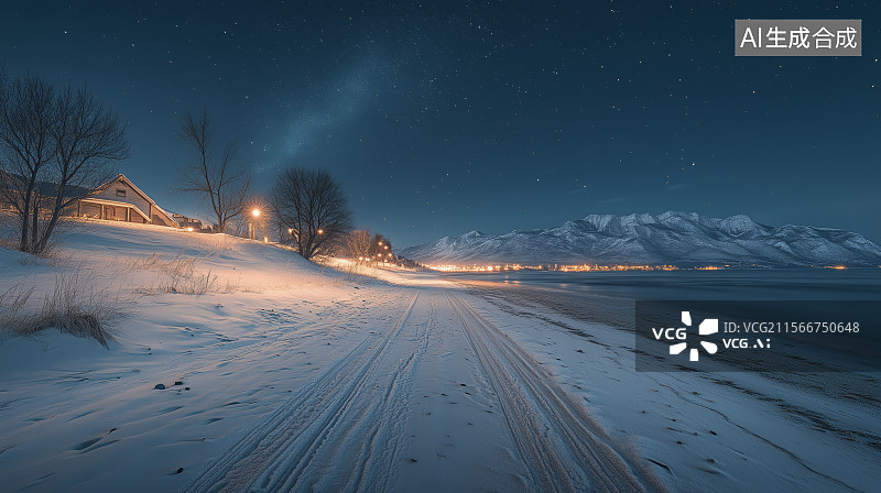 【AI数字艺术】北极光下的雪景图片素材