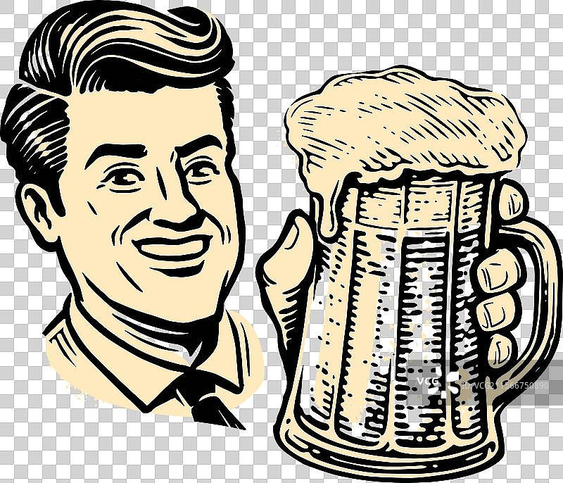 手握泡沫啤酒杯的快乐男人图片素材