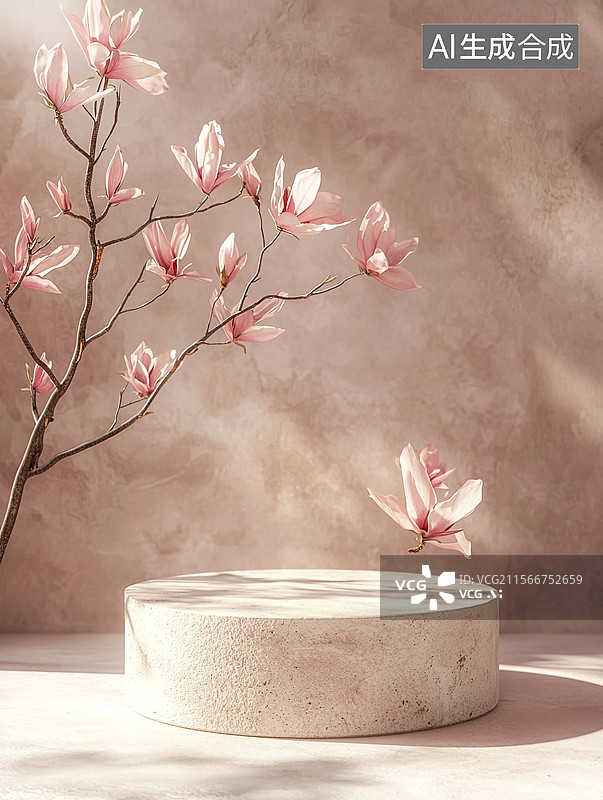 【AI数字艺术】粉色鲜花装饰石头展台电子商务背景图片素材