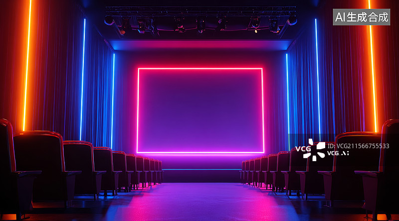 【AI数字艺术】霓虹灯装饰的舞台和观众席图片素材