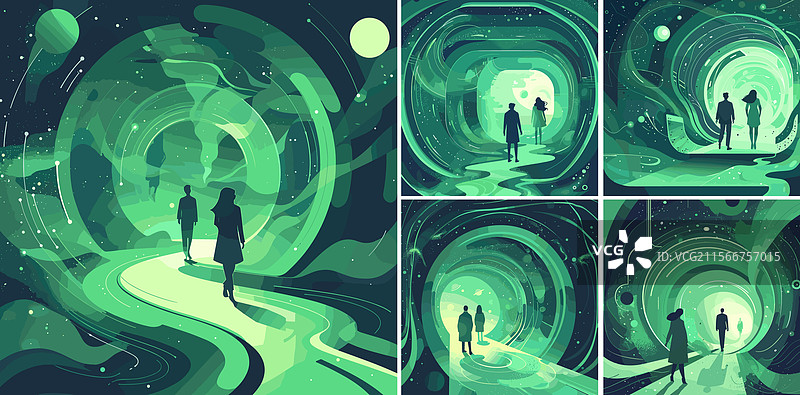 人们穿越传送门的卡通场景中的男人图片素材