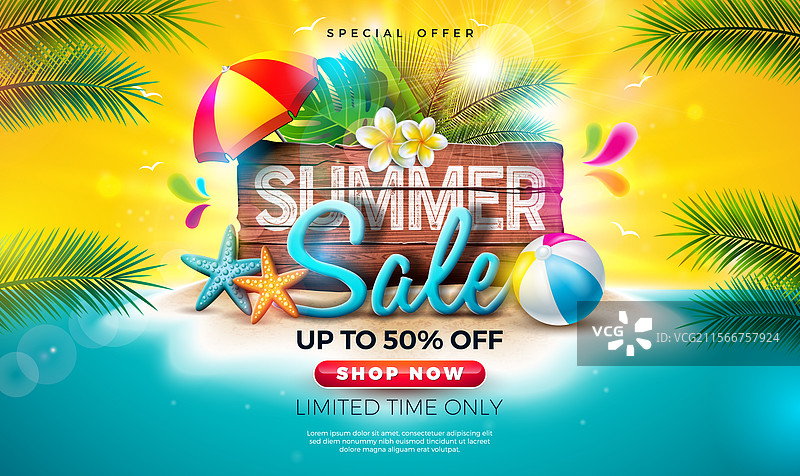 夏季促销设计，带有异国情调的花卉和棕榈叶图片素材