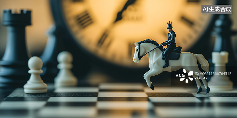 【AI数字艺术】骑士象棋棋盘时间钟表背景创意策略海报插画图片素材