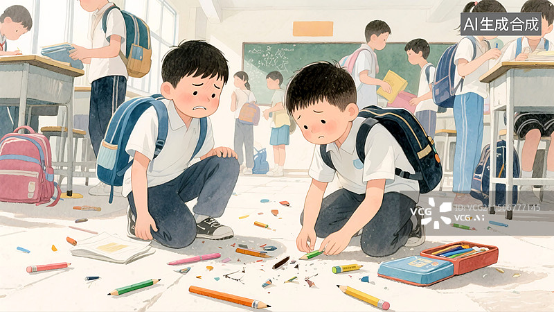 【AI数字艺术】【学会控制情绪 “小炮仗”的威力】：被打散文具的少年图片素材