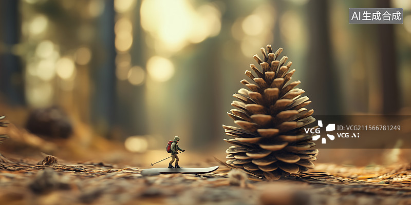 【AI数字艺术】小人在松果上滑雪创意冬季运动主题插画图片素材