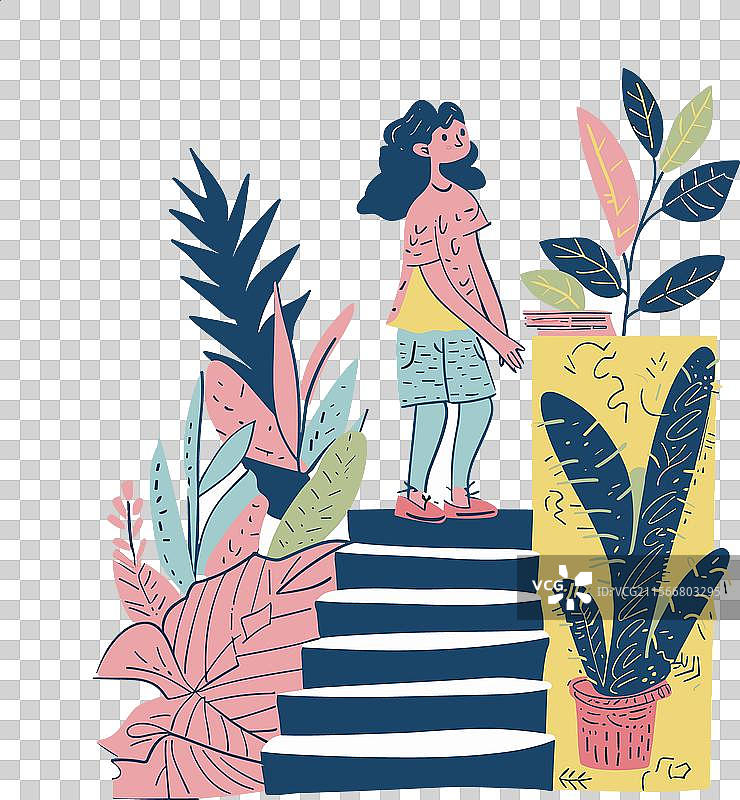 女人在郁郁葱葱的热带植物中攀登楼梯图片素材