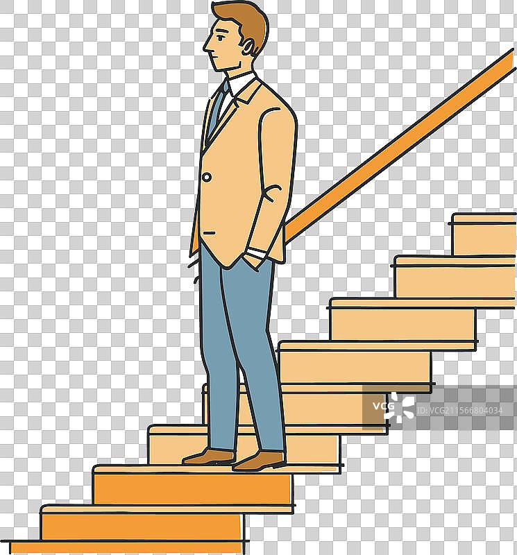 站在木制楼梯上的男人向前看图片素材