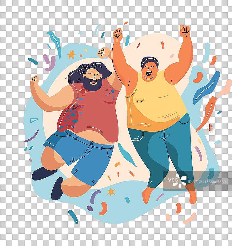 两个快乐的人庆祝，双手举起。图片素材