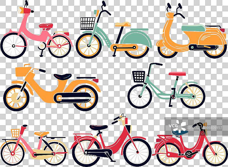 各种自行车和滑板车的扁平设计合集图片素材