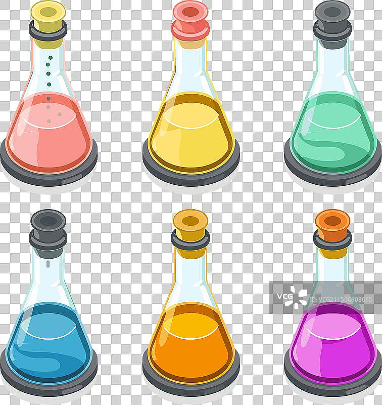 六个五彩缤纷的卡通风格药水瓶，装满了药水图片素材