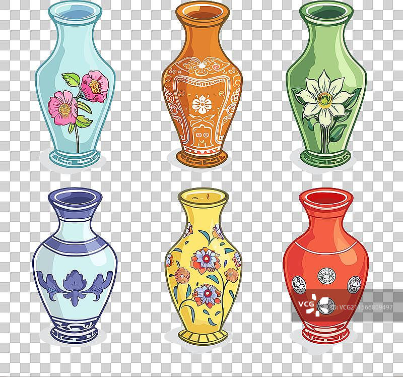 六个装饰性花瓶，色彩缤纷的设计与花卉图片素材
