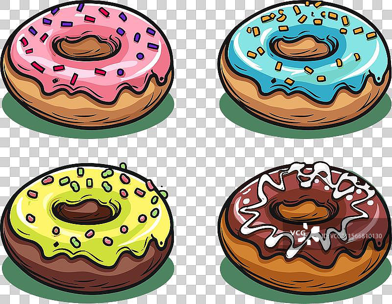 四个五颜六色的卡通甜甜圈，绿色的图片素材